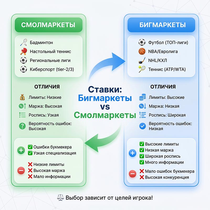Инфографика сравнения бигмаркетов и смолмаркетов в ставках на спорт с примерами, преимуществами и недостатками