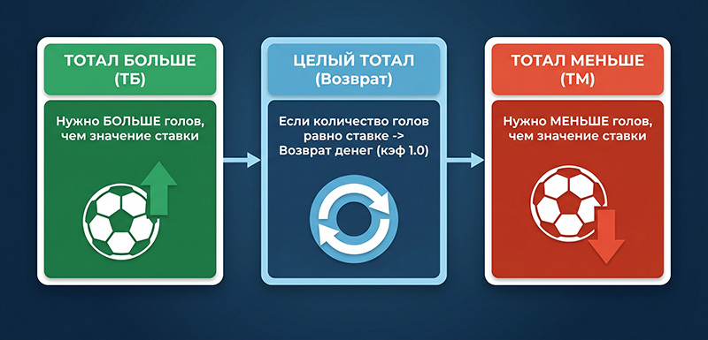 Блок-схема разницы между тоталом больше (ТБ), тоталом меньше (ТМ) и возвратом ставки.