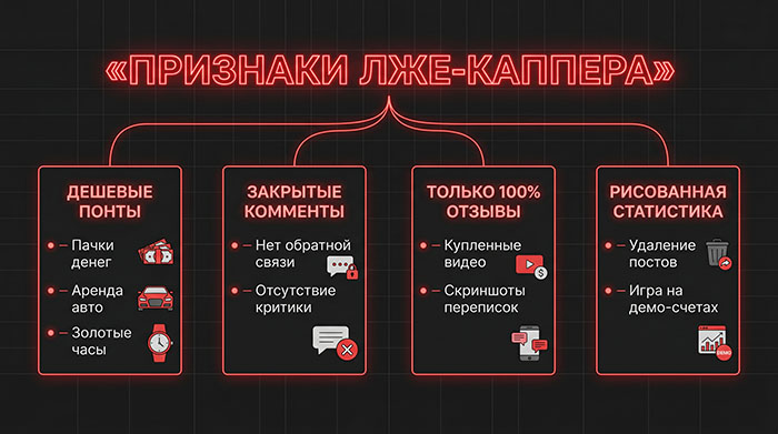 Блок-схема с признаками каппера-мошенника: дешевые понты, закрытые комментарии, фейковые отзывы и рисованная статистика ставок.