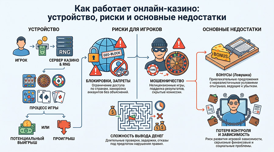 Инфографика о работе и недостатках онлайн-казино, риски для пользователей