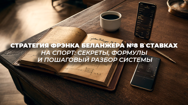 Открытая винтажная книга со схемами и формулой Фрэнка Беланжера №8 на фоне современного ноутбука с графиками ставок.