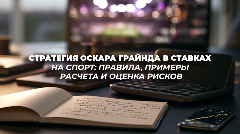 Открытый блокнот с расписанной стратегией Оскара Грайнда на фоне калькулятора, смартфона и спортивных аналитических графиков.