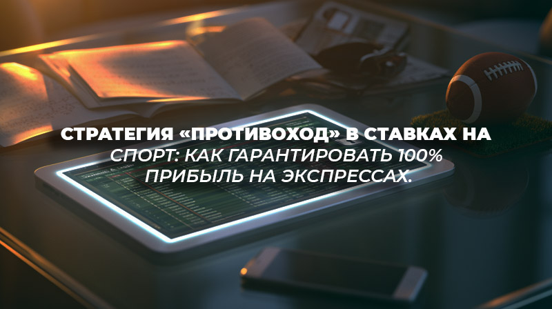 Экран планшета с открытым калькулятором ставок и схемой перекрытия исходов (противохода) на фоне футбольного поля.