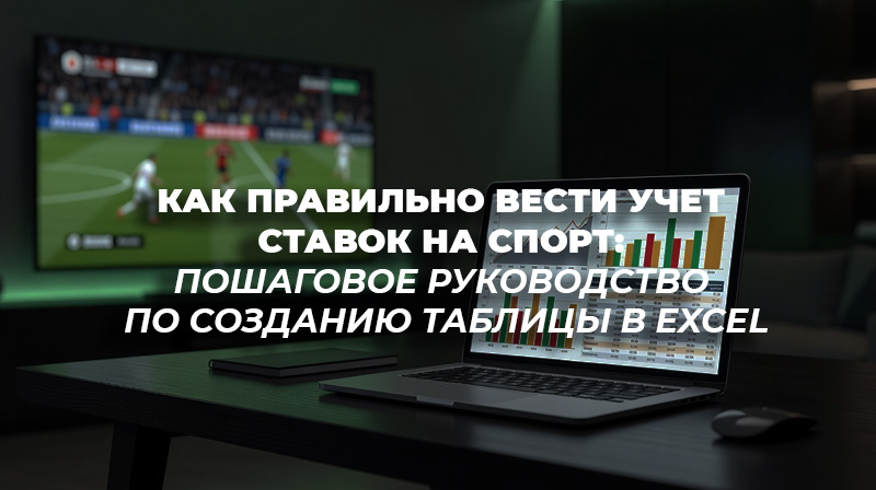 Открытый ноутбук с таблицей Excel и графиками прибыли от ставок на спорт на фоне футбольного поля.