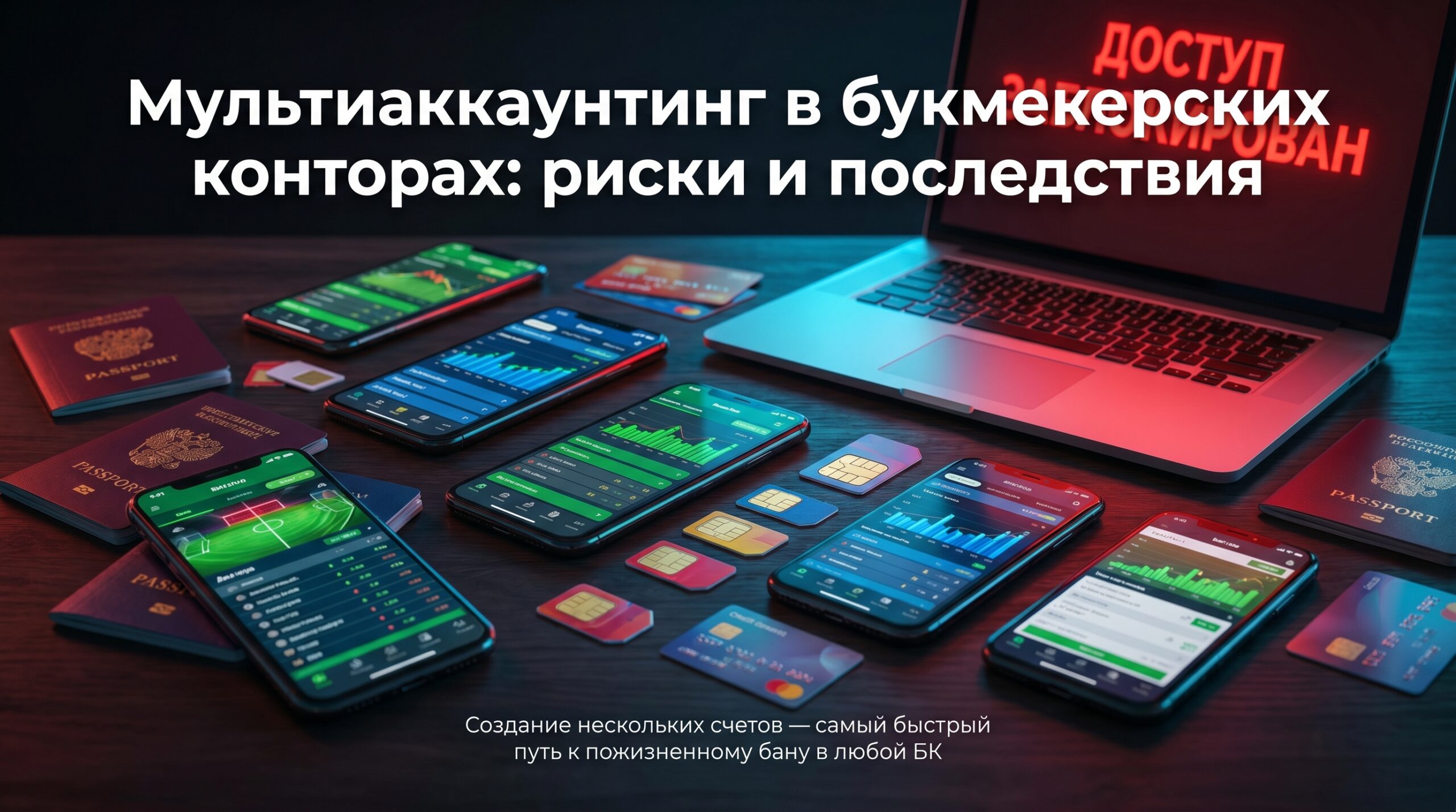 Коллаж: на темном столе разложены несколько паспортов и смартфонов с открытыми приложениями разных букмекерских контор.