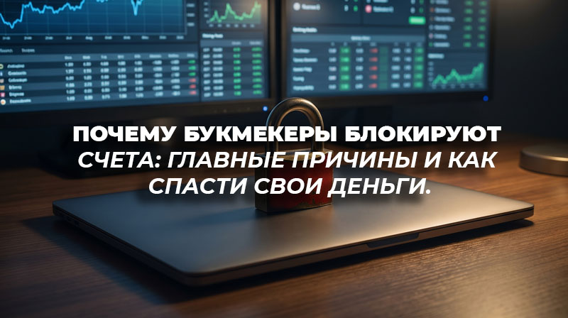 Закрытый ноутбук с красным металлическим замком на клавиатуре, лежащий на рабочем столе на фоне размытых графиков и спортивной статистики.