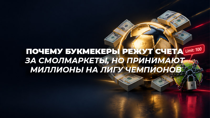 Футбольный мяч Лиги Чемпионов с пачками денег и маленький теннисный мяч в стальных цепях — символ лимитов и порезки счетов в БК.